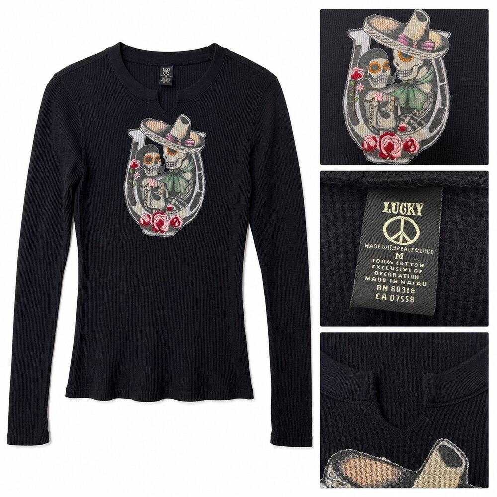 Lucky Brand Women’s M Black Skeleton Cowboy Waffle Knit Thermal Shirt